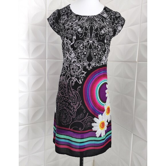 Rainbow Daisy Flower Black Dress Lined Boho Midi Short Sleeve M - Picture 5 of 13